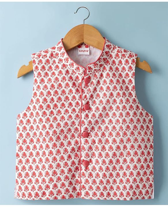 Babyhug 100% Cotton Cambric Woven Full Sleeves Kurta Pyjama Set with Floral Printed Nehru Jacket - Red