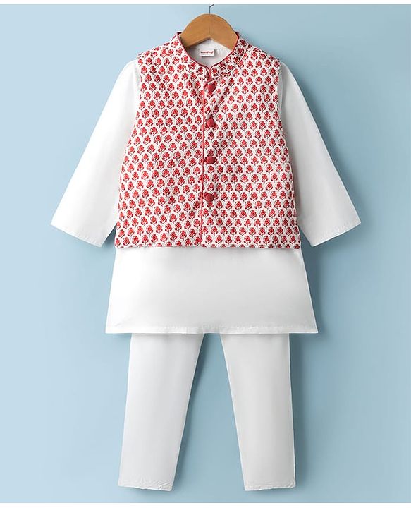 Babyhug 100% Cotton Cambric Woven Full Sleeves Kurta Pyjama Set with Floral Printed Nehru Jacket - Red
