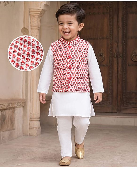 Babyhug 100% Cotton Cambric Woven Full Sleeves Kurta Pyjama Set with Floral Printed Nehru Jacket - Red