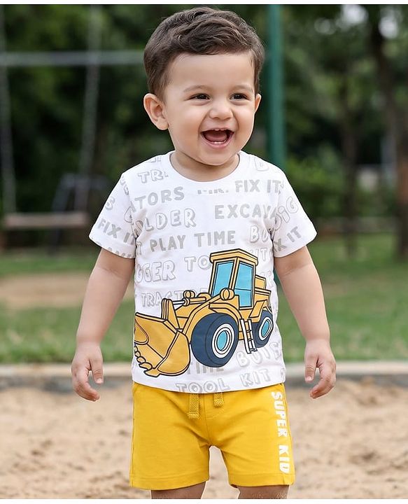 Babyhug Single Jersey Knit Half Sleeves T-Shirt & Shorts Set with Excavator Print - Yellow & White