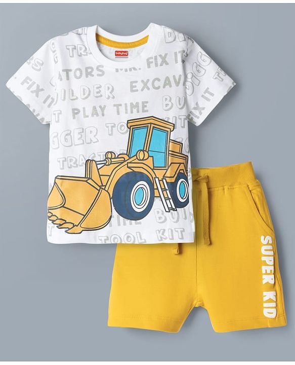 Babyhug Single Jersey Knit Half Sleeves T-Shirt & Shorts Set with Excavator Print - Yellow & White