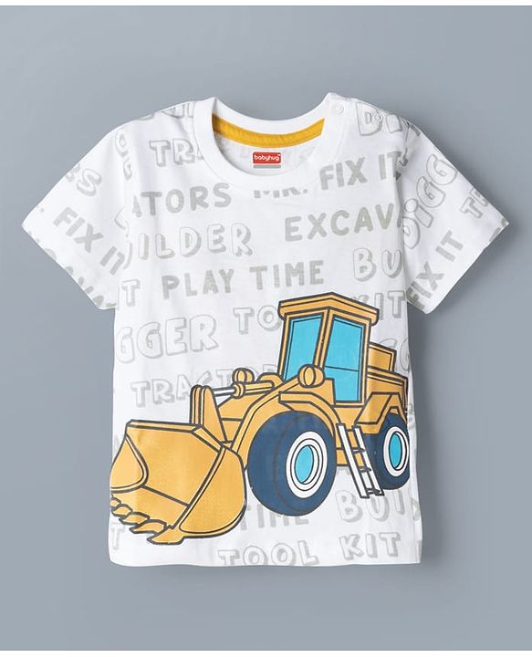 Babyhug Single Jersey Knit Half Sleeves T-Shirt & Shorts Set with Excavator Print - Yellow & White