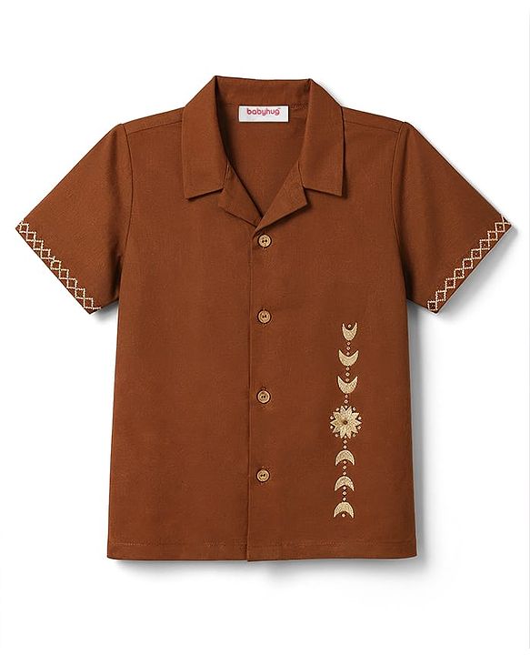 Babyhug Woven Half Sleeves Embroidered Ethnic Shirt - Brown