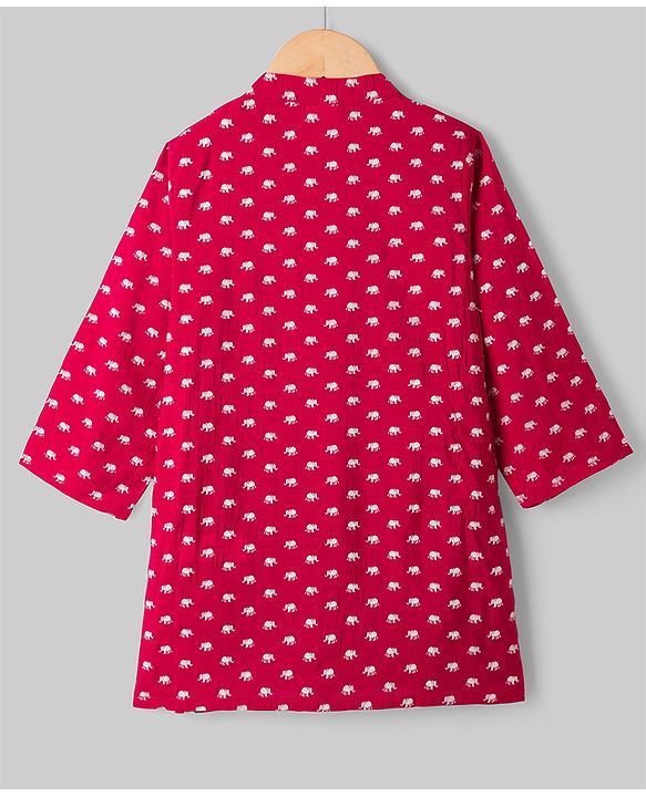 Babyhug Cambric Woven Full Sleeves Kurta Pyjama Set With Elephant Print - Red