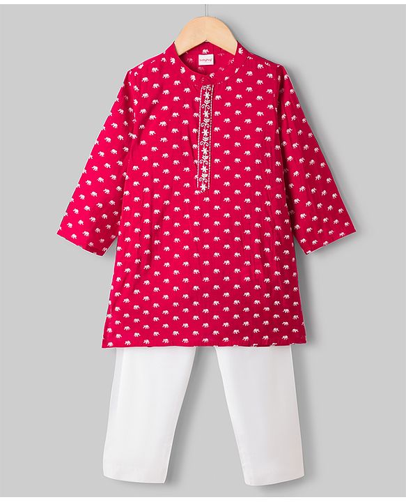 Babyhug Cambric Woven Full Sleeves Kurta Pyjama Set With Elephant Print - Red