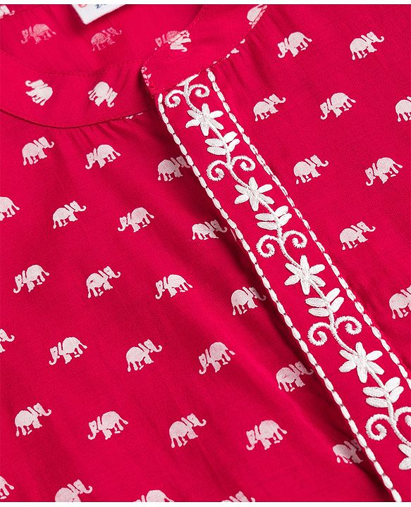 Babyhug Cambric Woven Full Sleeves Kurta Pyjama Set With Elephant Print - Red