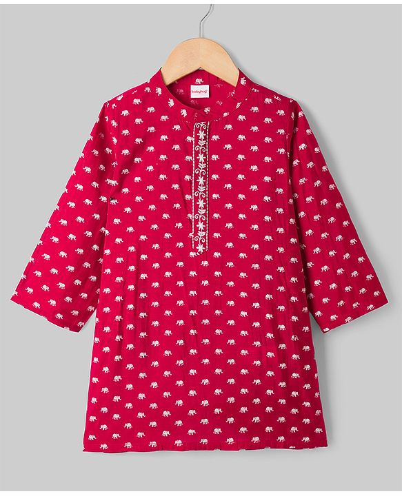 Babyhug Cambric Woven Full Sleeves Kurta Pyjama Set With Elephant Print - Red