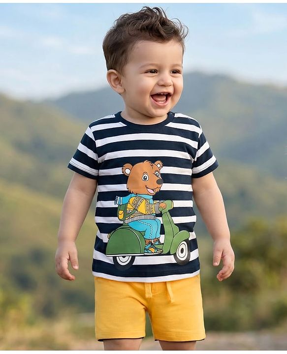Babyhug 100% Cotton Knit Half Sleeves Striped & Animal Printed T-Shirt & Shorts Set - Yellow