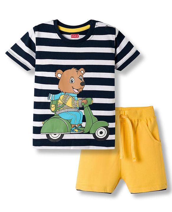 Babyhug 100% Cotton Knit Half Sleeves Striped & Animal Printed T-Shirt & Shorts Set - Yellow