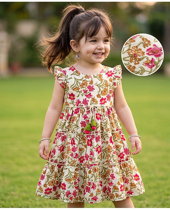 Babyhug Cambric Woven Sleeveless Ethnic Dress With Floral Print - White