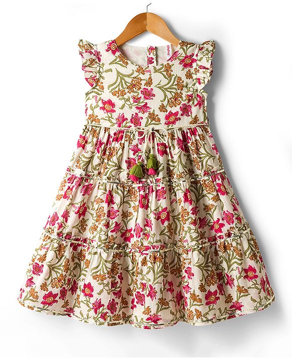 Babyhug Cambric Woven Sleeveless Ethnic Dress With Floral Print - White