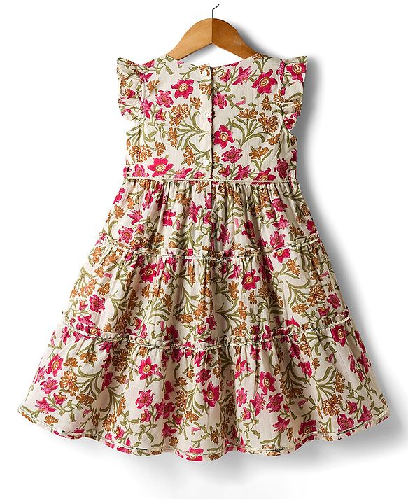 Babyhug Cambric Woven Sleeveless Ethnic Dress With Floral Print - White