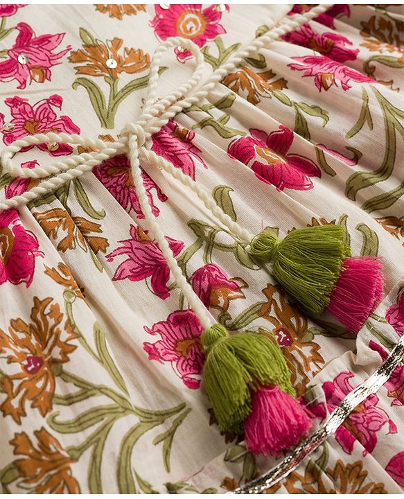 Babyhug Cambric Woven Sleeveless Ethnic Dress With Floral Print - White