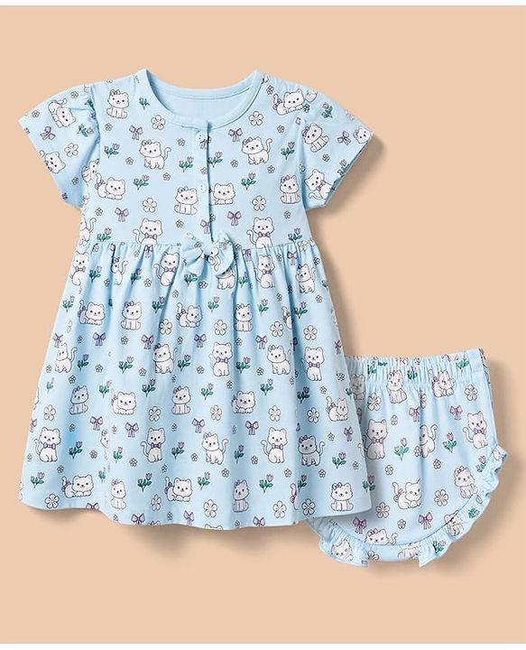 Babyhug 100% Cotton Frock and Bloomer with Half Sleeves and Cat Print With Bow Applique - Light Blue