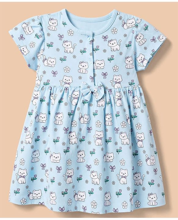 Babyhug 100% Cotton Frock and Bloomer with Half Sleeves and Cat Print With Bow Applique - Light Blue