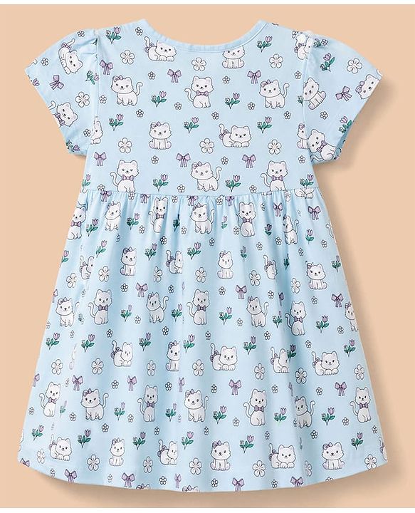 Babyhug 100% Cotton Frock and Bloomer with Half Sleeves and Cat Print With Bow Applique - Light Blue