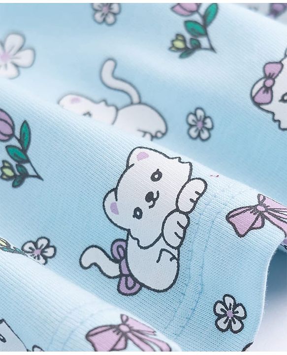 Babyhug 100% Cotton Frock and Bloomer with Half Sleeves and Cat Print With Bow Applique - Light Blue