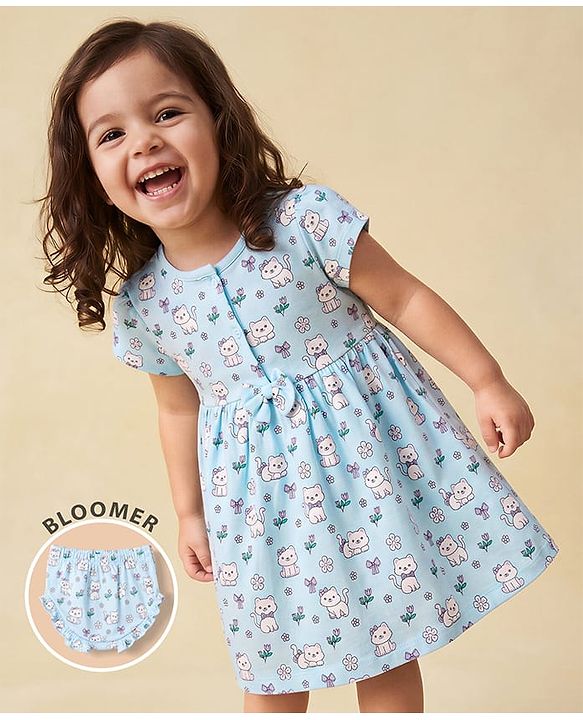 Babyhug 100% Cotton Frock and Bloomer with Half Sleeves and Cat Print With Bow Applique - Light Blue