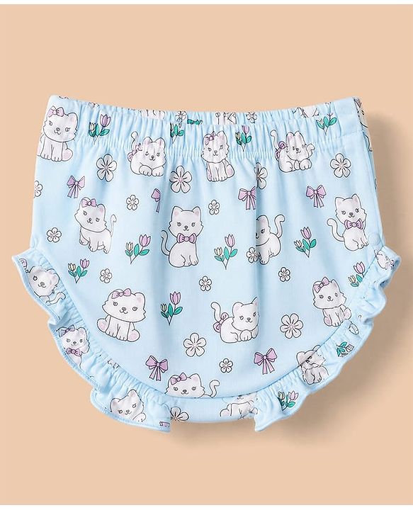 Babyhug 100% Cotton Frock and Bloomer with Half Sleeves and Cat Print With Bow Applique - Light Blue