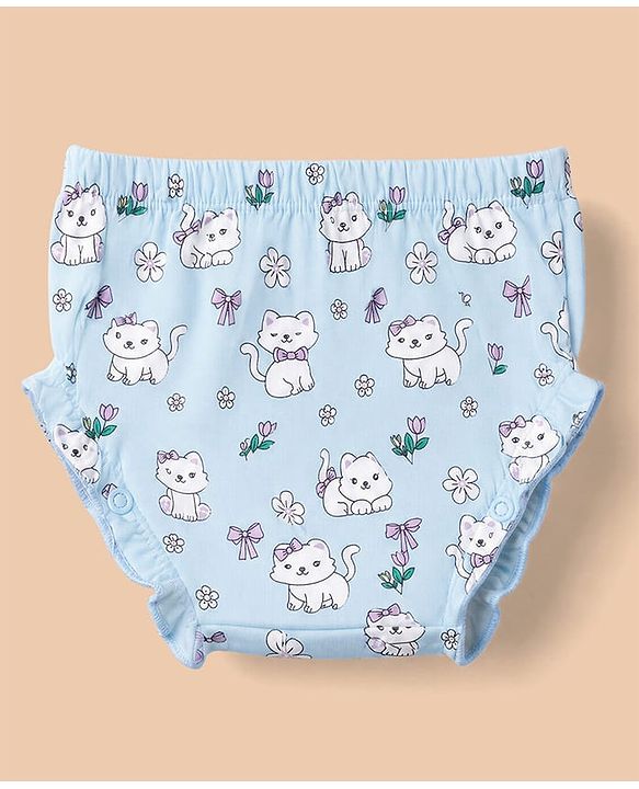 Babyhug 100% Cotton Frock and Bloomer with Half Sleeves and Cat Print With Bow Applique - Light Blue