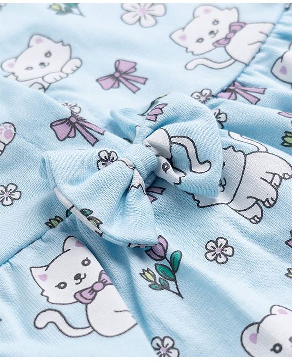 Babyhug 100% Cotton Frock and Bloomer with Half Sleeves and Cat Print With Bow Applique - Light Blue