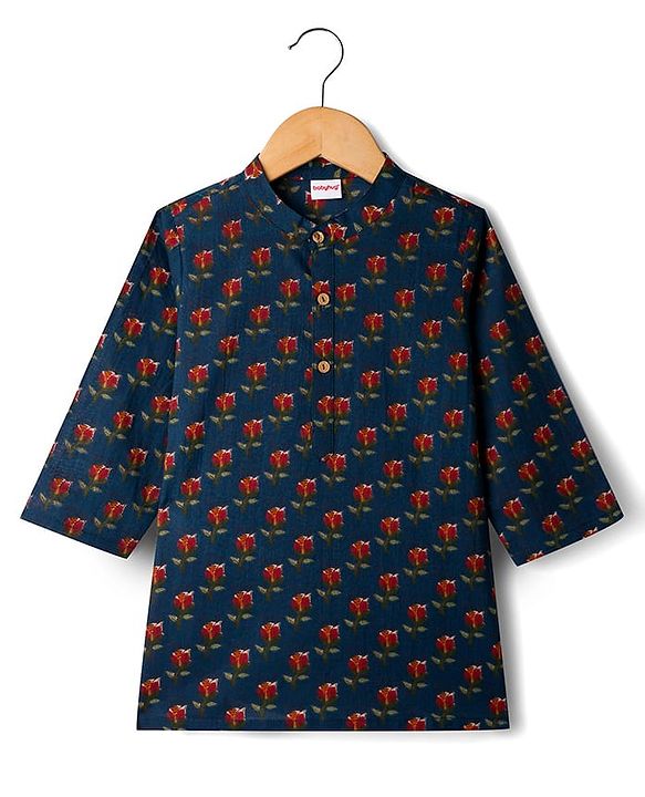 Babyhug 100% Cotton Cambric Woven Full Sleeves Kurta Pyjama Set With Floral Print - Navy Blue