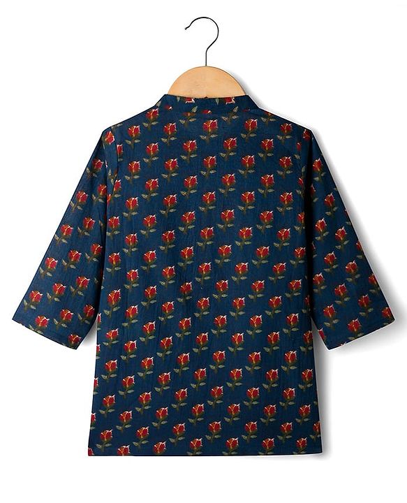 Babyhug 100% Cotton Cambric Woven Full Sleeves Kurta Pyjama Set With Floral Print - Navy Blue