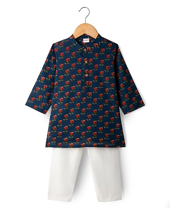 Babyhug 100% Cotton Cambric Woven Full Sleeves Kurta Pyjama Set With Floral Print - Navy Blue