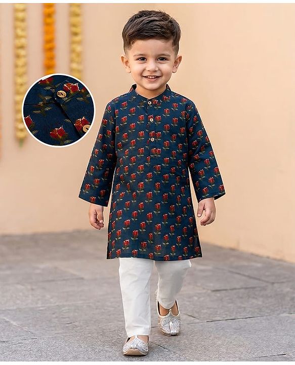 Babyhug 100% Cotton Cambric Woven Full Sleeves Kurta Pyjama Set With Floral Print - Navy Blue