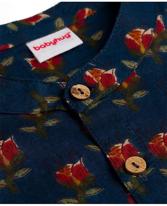 Babyhug 100% Cotton Cambric Woven Full Sleeves Kurta Pyjama Set With Floral Print - Navy Blue