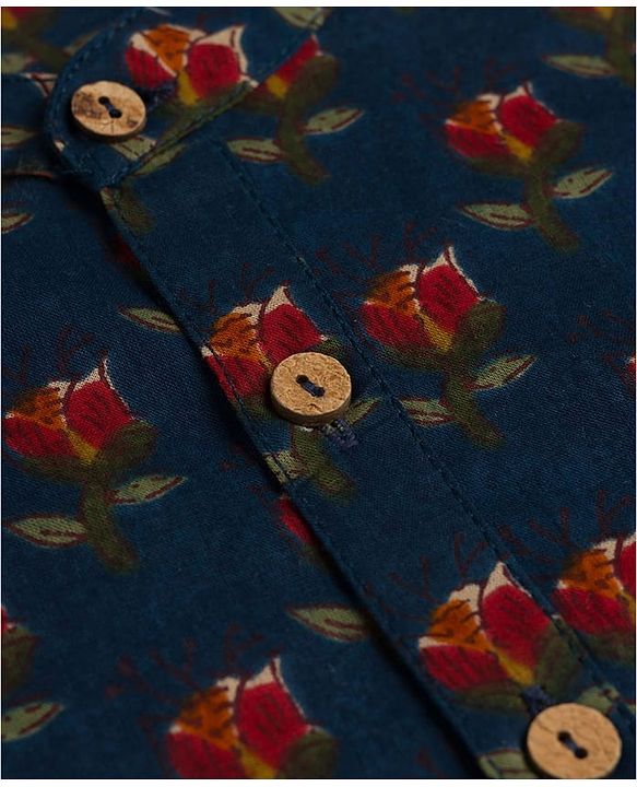 Babyhug 100% Cotton Cambric Woven Full Sleeves Kurta Pyjama Set With Floral Print - Navy Blue