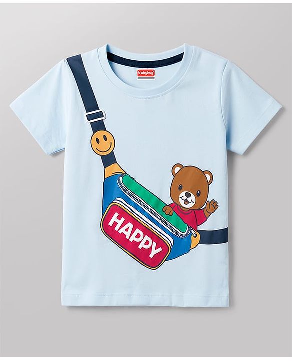 Babyhug 100% Cotton Single Jersey Knit Half Sleeves T-Shirt & Shorts Set With Bear & Bag Print - Blue