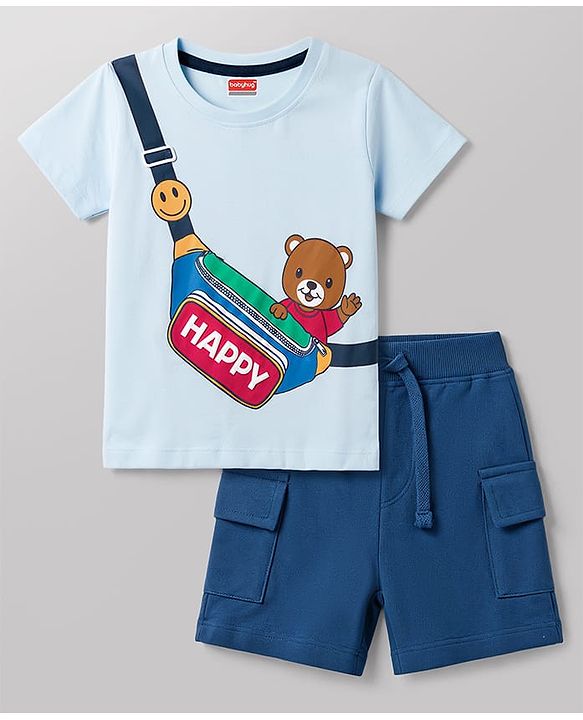 Babyhug 100% Cotton Single Jersey Knit Half Sleeves T-Shirt & Shorts Set With Bear & Bag Print - Blue
