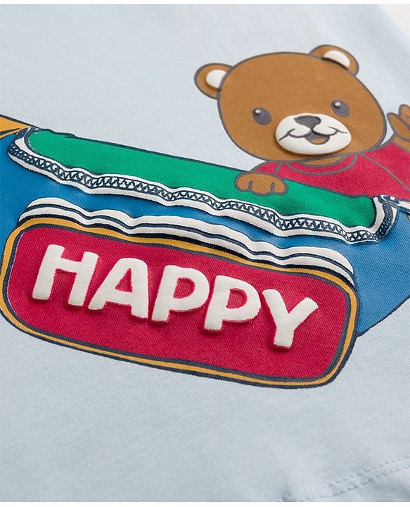 Babyhug 100% Cotton Single Jersey Knit Half Sleeves T-Shirt & Shorts Set With Bear & Bag Print - Blue