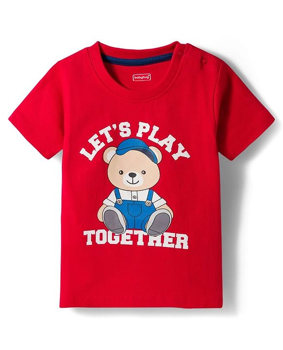 Babyhug 100% Cotton Knit Half Sleeves Bear Printed T-Shirt & Shorts Set - Red & Navy Blue