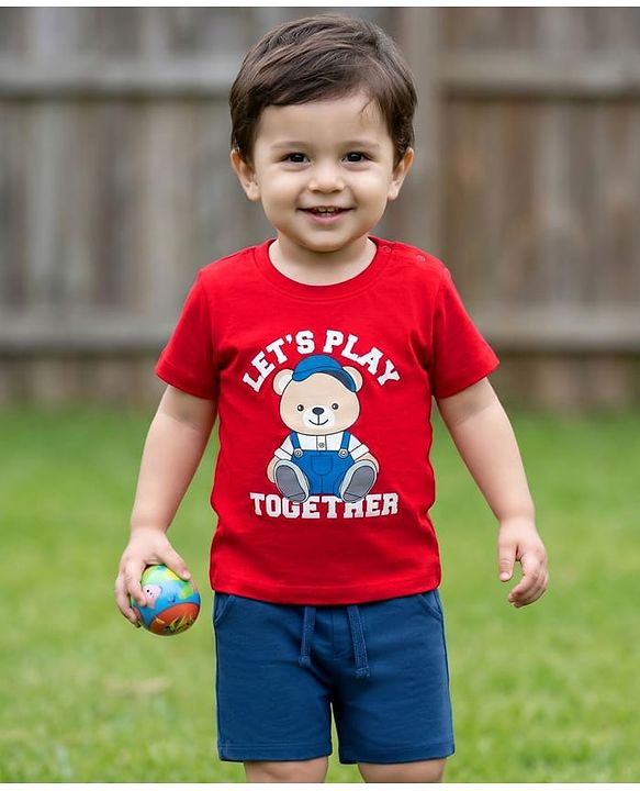 Babyhug 100% Cotton Knit Half Sleeves Bear Printed T-Shirt & Shorts Set - Red & Navy Blue