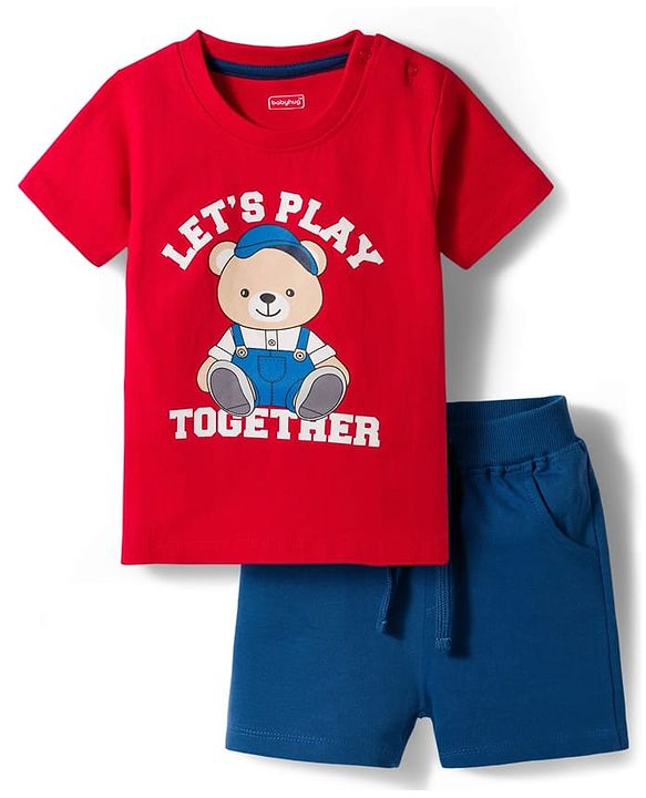 Babyhug 100% Cotton Knit Half Sleeves Bear Printed T-Shirt & Shorts Set - Red & Navy Blue