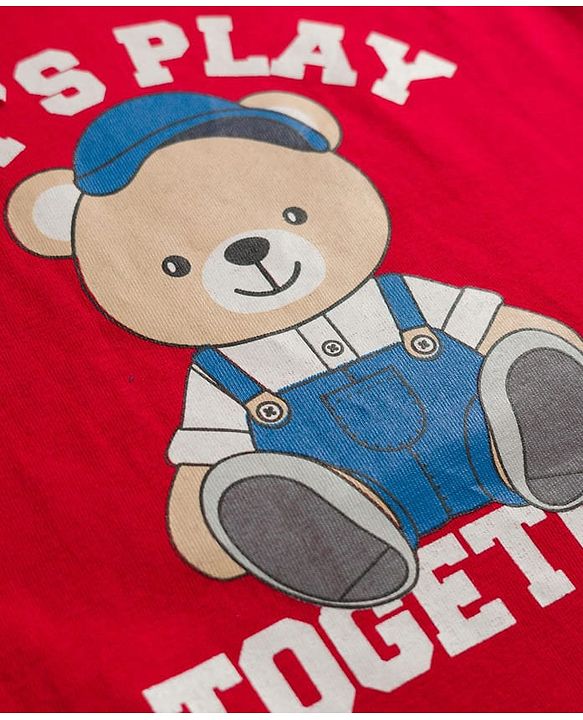 Babyhug 100% Cotton Knit Half Sleeves Bear Printed T-Shirt & Shorts Set - Red & Navy Blue