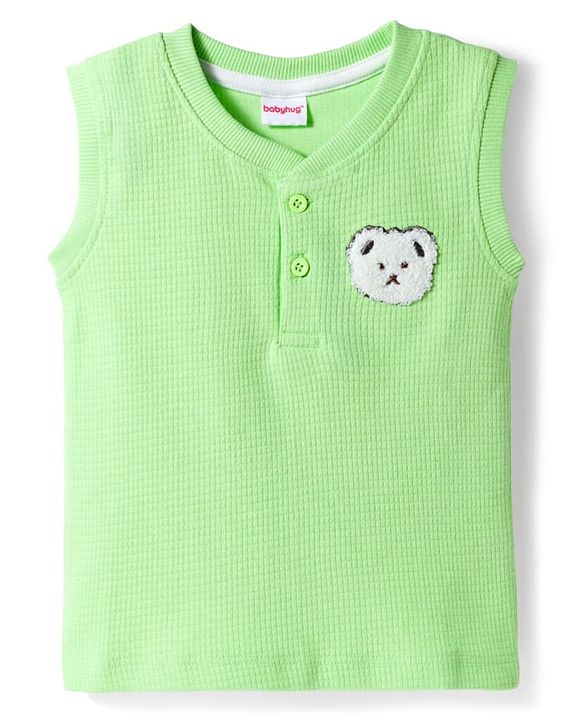 Babyhug Waffle Knit Sleeveless T-Shirt & Shorts Set With Animal Patch - Green