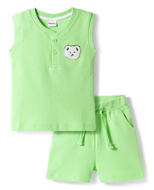 Babyhug Waffle Knit Sleeveless T-Shirt & Shorts Set With Animal Patch - Green