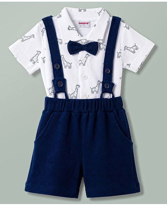 Babyhug Single Jersey Knit Half Sleeves Shirt & Shorts Set With Animal Print & Bow Applique - White & Navy Blue