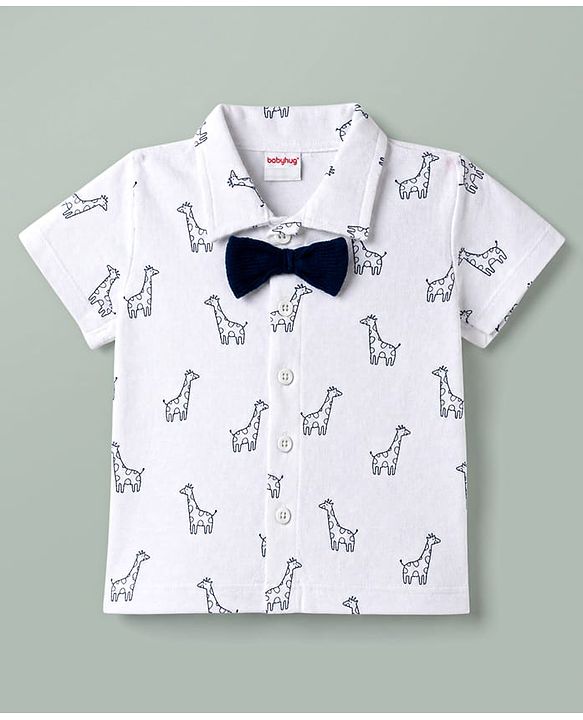 Babyhug Single Jersey Knit Half Sleeves Shirt & Shorts Set With Animal Print & Bow Applique - White & Navy Blue
