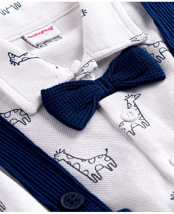 Babyhug Single Jersey Knit Half Sleeves Shirt & Shorts Set With Animal Print & Bow Applique - White & Navy Blue