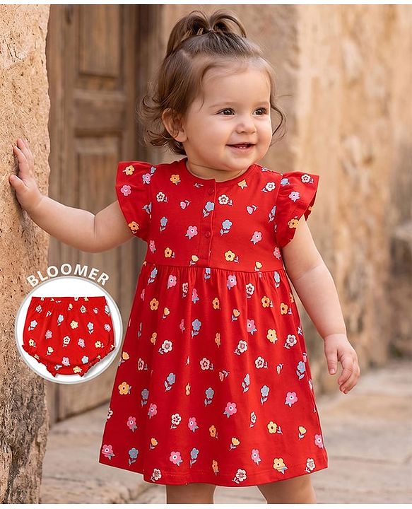Babyhug 100% Cotton Interlock Knit Half Sleeves Floral Printed Frock With Bloomer - Red