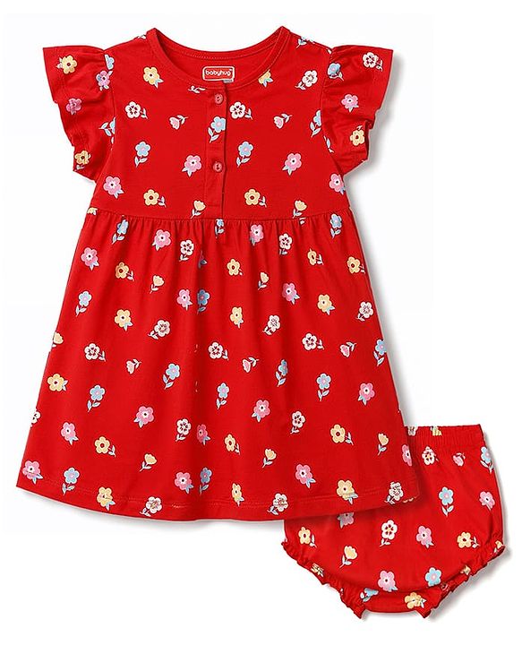 Babyhug 100% Cotton Interlock Knit Half Sleeves Floral Printed Frock With Bloomer - Red