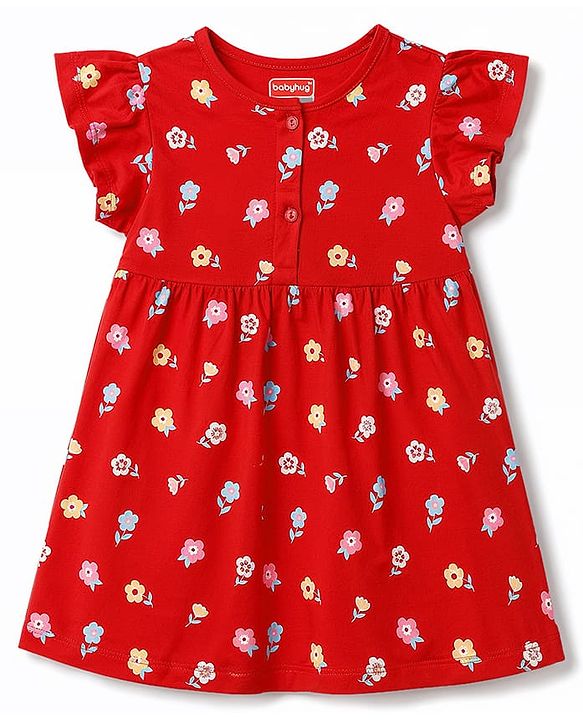Babyhug 100% Cotton Interlock Knit Half Sleeves Floral Printed Frock With Bloomer - Red