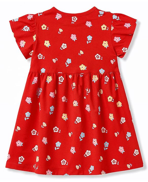 Babyhug 100% Cotton Interlock Knit Half Sleeves Floral Printed Frock With Bloomer - Red