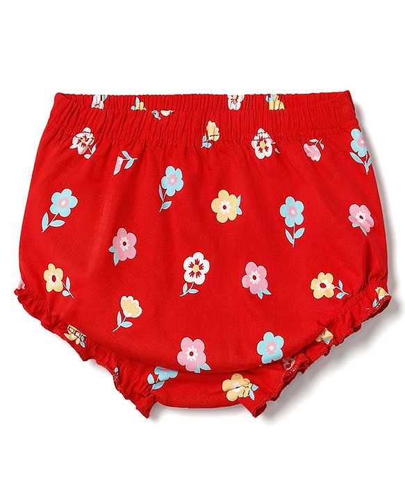 Babyhug 100% Cotton Interlock Knit Half Sleeves Floral Printed Frock With Bloomer - Red