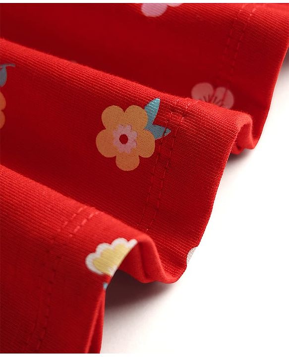 Babyhug 100% Cotton Interlock Knit Half Sleeves Floral Printed Frock With Bloomer - Red