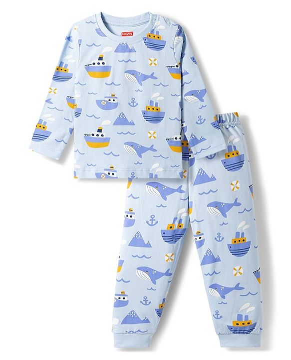 Babyhug Cotton Knit Full Sleeves T-Shirt & Pyjama Co-ord Night Suit with Nautical Print - Blue